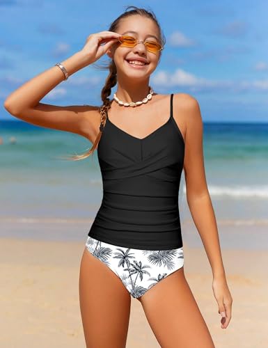 Image of Girls Swimsuit 2 Piece Bathing Suit Criss Cross Ruched Girl Tankini Sets Printed Girls' Swimwear for 9-18 Years