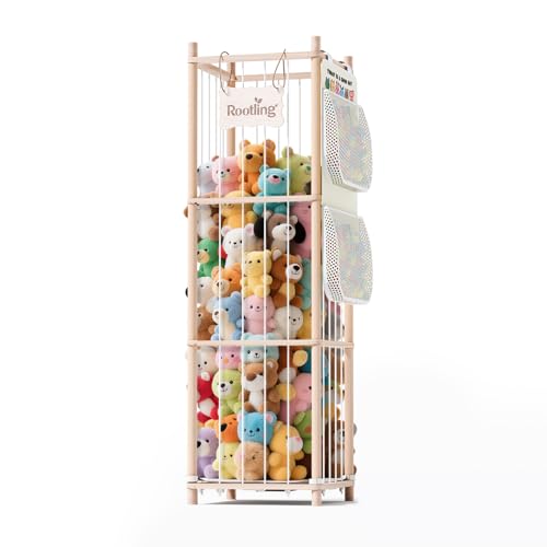 Large Stuffed Animal Storage & Organizer, 54 inch Tall Wooden Cute Zoo Toy Holder, Premium Wooden Material with Elastic Cord For Toddler Rooms, Playrooms & Bedrooms