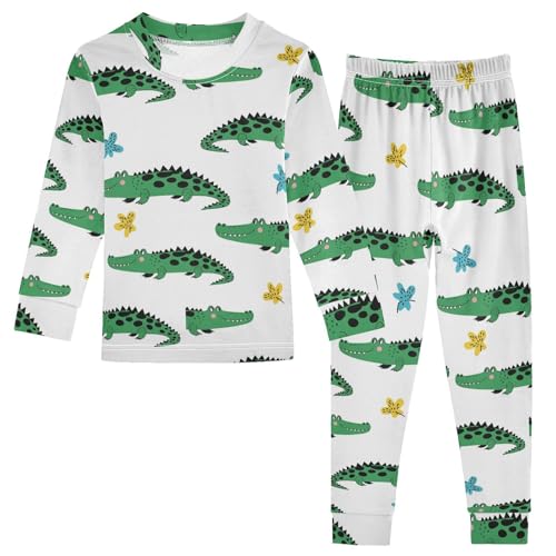 Pajama Sets Long Sleeve Crocodile Pattern with Flowers Soft Comfy Sleepwear 2 Piece PJS 3-8T
