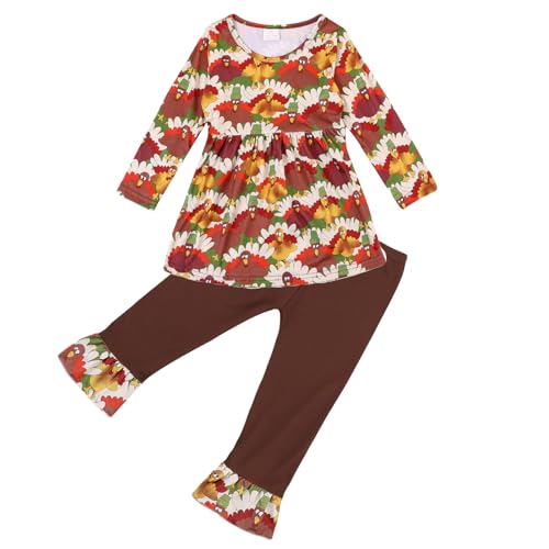 Image of Thanksgiving Toddler Girls Turkey Outfits Set Ruffle T-Shirt Dress and Pants Outfit Set 3-8Years