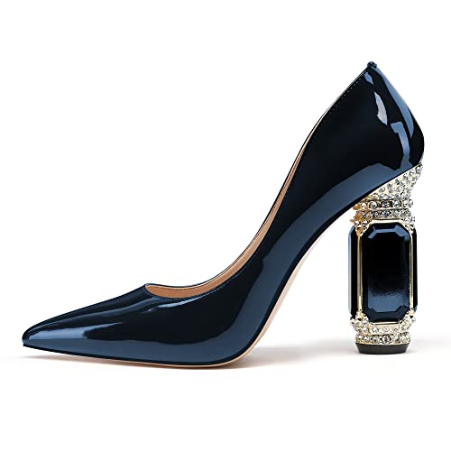 Image of JANSEVEN Women Chunky Heels Pumps Crystal Block Heels with Rhinestones Pointed Toe Sexy Gradient Patent Leather Slip on Bridal Party Wedding Dress Shoes 5-13 M US