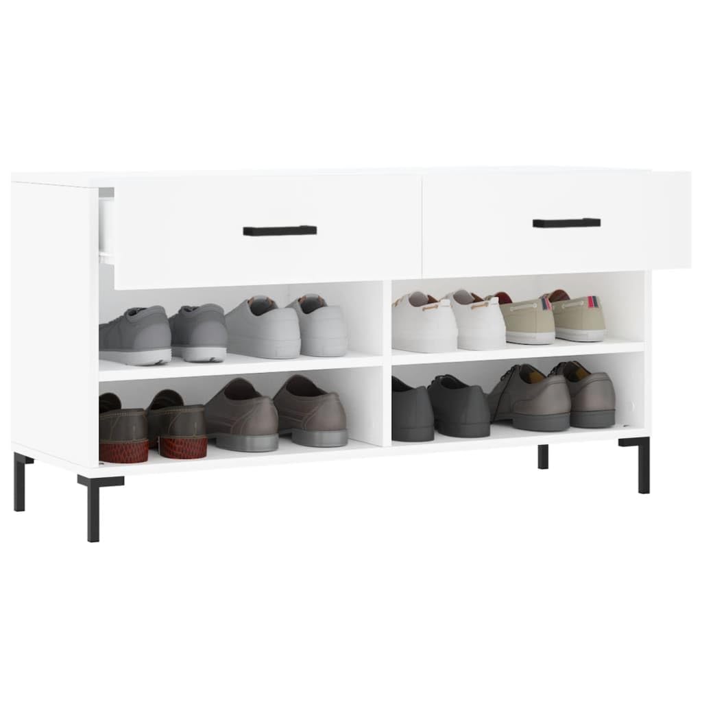 Banc à Chaussures Blanc 102x35x55 cm Bois Composite 2 Tiroirs 4 Étagères