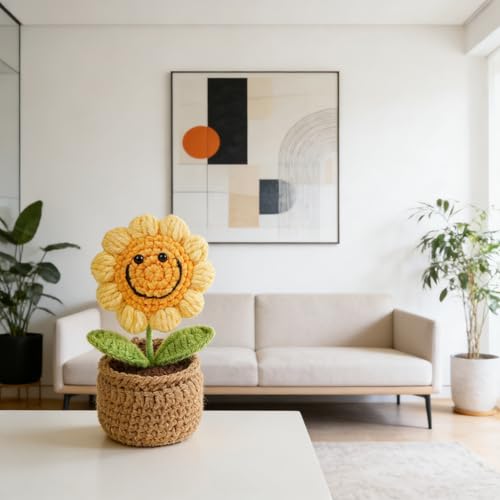 Image of 14Cm Height Handmade Crochet Smiling Flower Pot for Home & Office Decor, Cute Aesthetic Desk Showpiece, Positive Vibes Table Decor, Thoughtful for Mom (Joy Bloom Yellow)