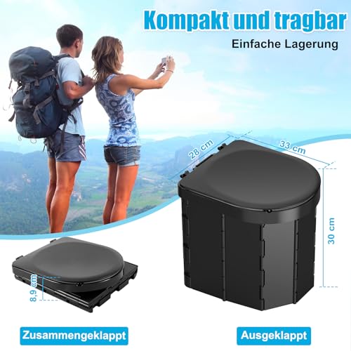 WADEO Tragbare Campingtoilette mit Deckel und bequemem Sitzkissen, Belastbarkeit bis zu 200kg, Mobiltoilette Falttoilette mit Toilettenbeutel und Papierhalter, ideal für Camping Wandern Reisen Angeln