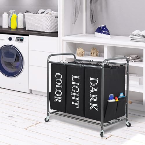 Image of STORAGE MANIAC 3 Section Laundry Sorter, 35.6 Gal (135 L) Laundry Hamper Cart with Heavy Duty Rolling Lockable Wheels and Removable Bags, Clothes Organizer Basket Separator Hamper, Label Black