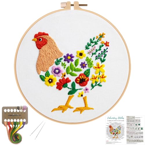 Image of Louise Maelys Hen Embroidery Kit for Beginners Farmhouse DIY Craft | Cross Stitch Kits Include Pre-Printed Fabric, Embroidery Hoop, Threads, Needles and Guide. Needlepoint Kit for Adults