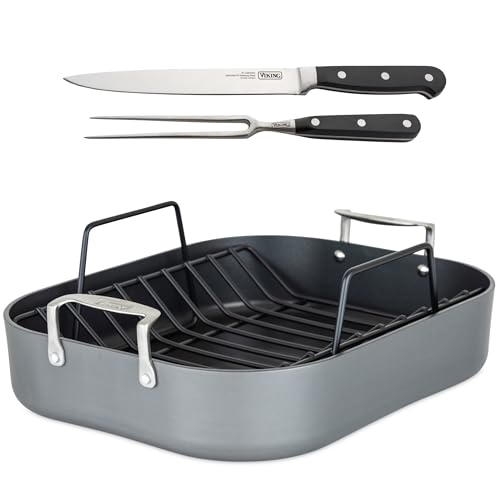 Image of Viking Hard Anodized Aluminum Nonstick Roasting Pan with Non Stick Rack and Carving Set, 16 x 13 Inch Kitchen Cookware, Dishwasher and Oven Safe, Dark Grey