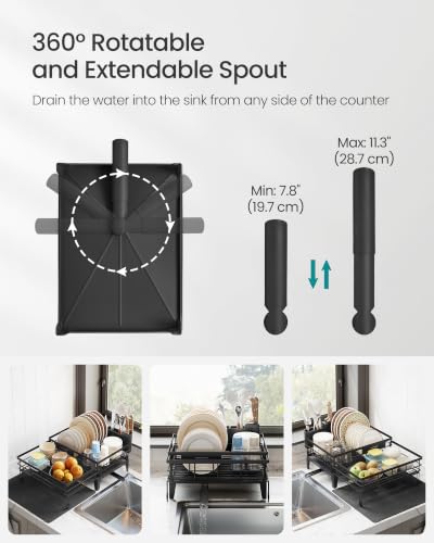 Image of SONGMICS Dish Drying Rack, Kitchen Dish Rack with Drainboard, 360 Rotatable and Extendable Spout, with Cutlery Holder, 23.9 x 16.8 x 8.9 Inches, Ink Black UKCS552B01