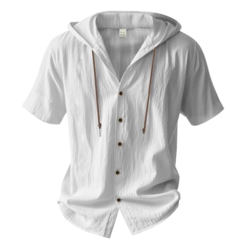 Mens Linen Hooded Shirts Summer Casual Solid Color Hoodie Comfy Loose Fit Button Down Short Sleeve Tops Lightweight4