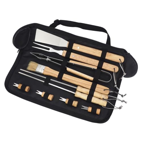 EXCEART Juego de Utensilios para Barbacoa Diseño Ergonómico, Mango de Madera y Bolsa de Transporte Portátil con 10 Piezas para Camping y Picnic