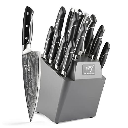 18 Pieces Damascus Kitchen Knife Set, 8 Piece Steak Knives, Non-slip ABS Ergonomic Triple Rivet Handle for Meat Fork, Knife Sharpener and Kitchen Shears, 17 Slots Fraxinus Manchuria Knife Block (Grey)