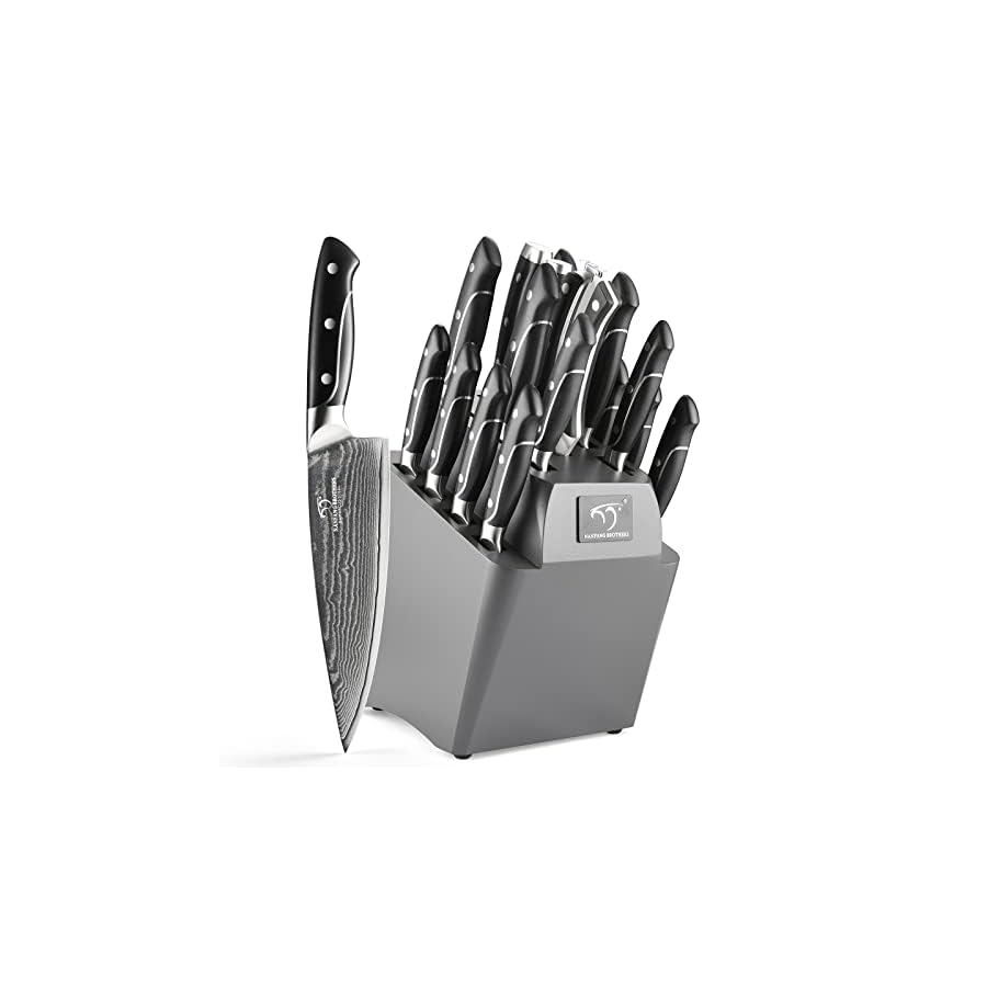 18-Pieces-Damascus-Kitchen-Knife-Set-8-Piece-Steak-Knives-Non-slip-ABS-Ergonomic-Triple-Rivet-Handle-for-Meat-Fork-Knife-Sharpener-and-Kitchen-Shears-17-Slots-Fraxinus-Manchuria-Knife-Block-Grey 18 Pieces Damascus Kitchen Knife Set, 8 Piece Steak Knives, Non-slip ABS Ergonomic Triple Rivet Handle for Meat Fork, Knife Sharpener and Shears, 17 Slots Fraxinus Manchuria Knife Block (Grey)