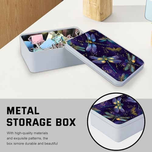 Image of Metal Tin Box with Lid,Multi-functional Storage Large Box Can Store Tea Biscuits Game Cards, Playing & Tarot Cards-Comes with 4 Magnetic Cord Clips,Dragonfly Fantasy