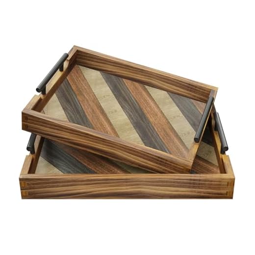Butizone Wood Serving Tray with Handles, Rustic Ottoman Tray for Breakfast in Bed, Coffee Table, Entertaining, Home Decor, Decorative Nesting Trays, Ideal for Kitchen, Bedroom, Living Room, Set of 2