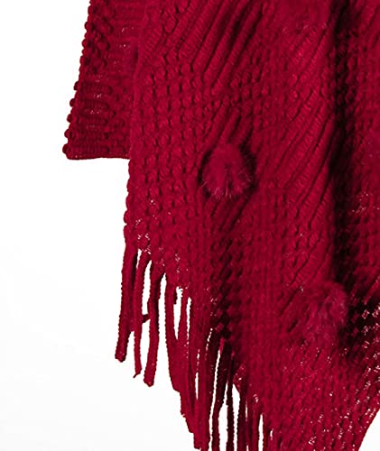 Image of xxxiticat Women's Tassel Poncho Scarf Batwing Sleeve Loose Fringe Hem Round Ball Cape Shawls Knitted Pullover Sweaters