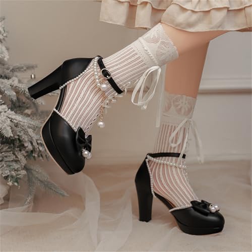 Inornever Mary Jane Shoes Women Platform High Heels Round Toe Single Strap Buckle with Bow Pearl Accents PU Dress Pumps for Women Pink White Black3