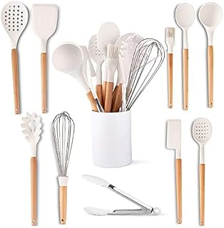 Five14 Kitchen Utensils Set - High Heat Resistant White Silicone Cooking Utensils Set with Silicone Spatula, Tongs, Ladle, Serving Spoons - Non-Stick, BPA Free Kitchen Utensils Set with Holder - 11 Pc