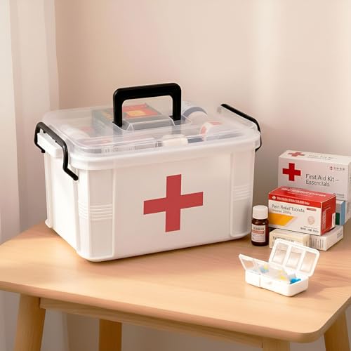 Image of 15QT Clear Medicine Organizer Box with Handle, Plastic Medicine Container with Tray First Aid Box Empty, Thickened Medicine Storage Organizer Multipurpose Medication Organizer Storage, White