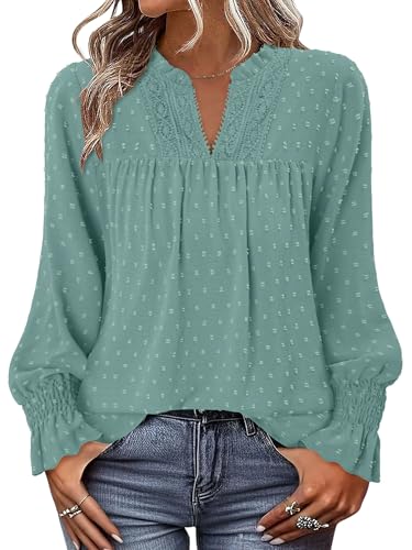 BETTE BOUTIK Women Boho Long Sleeve Shirts Dressy Casual V Neck Fall Fashion Tops Swiss Dot Flowy Blouses