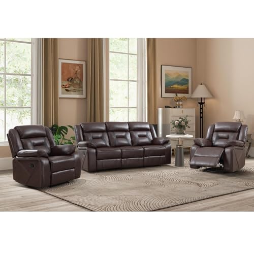 Image of EBELLO Faux Leather Recliner Sofa Furniture Set for Living Room, 2 Recliner Chairs, 3 Seat Recliniing Sofa Couch Set for Meeting Room, Dark Brown