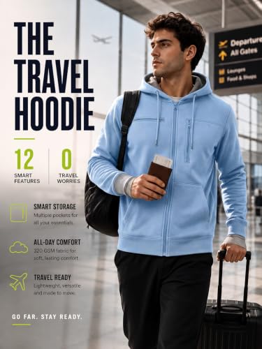 Image of NOBERO Travel Hoodies for Men|Cotton Fleece Solid Hooded Full Sleeve Sweatshirt|15 Utility Features,Tab & Drinks & earphones Holder,Charger & Sunglass Pocket, Microfiber Cloth,In-Built Gloves,Eye Mask