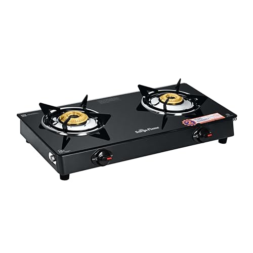 Image of Surya Flame Gas Stove 2 Burner with Glass Top, Brass Burners, 69%+ Thermal Efficiency & Toughened Glass, 2 Years Warranty & Doorstep Service across India