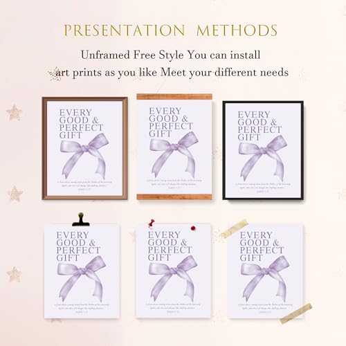 Image of LARTSFRO Coquette Purple Bow Wall Art Decor Posters, Purple Bow Christian Room Bedroom Bathroom Dorm Wall Art Decor for College Teen Girls Kids Gifts, Inspirational Bible Verses Bow Wall Decor, 10x8 Inch Set of 4 Pcs Bow Pictures (UNFRAMED)