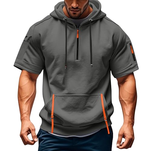 RTTUIOP Short Sleeve Hoodies for Men Quarter Zip T-Shirts Gym Workout Athletic Hooded Work Big and Tall Shirts with Pocket
