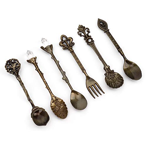 Vintage Geschnitzter Kaffeelöffel, 6 Teile/Set Teelöffel Retro Zinklegierung Dessert Kaffeegeschirr Löffel Besteck Küche (Grüne Bronze...