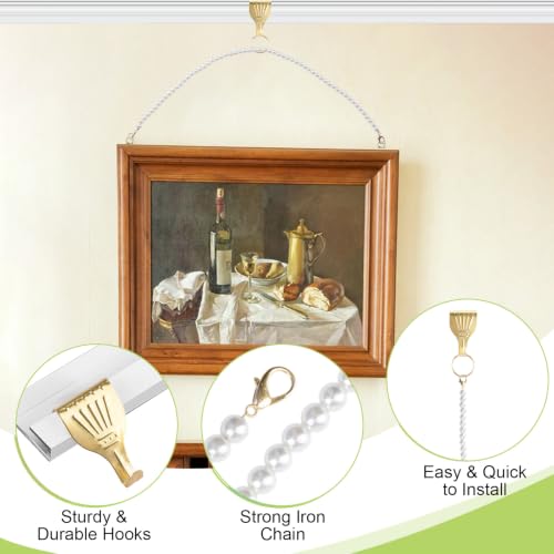 Image of Picture Hanging Kit-6Pcs Frame Rail Hooks with 6Pcs Pearl Hanging Chain Picture Display Accessories for Wall Pictures, Exhibition(60CM)