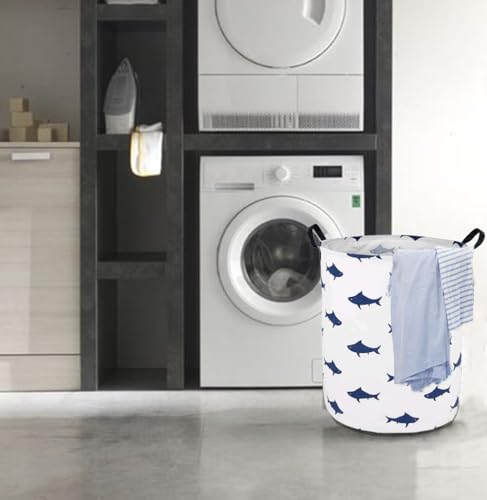 Image of Round Navy Shark Pattern Laundry Hamper Storage Basket Fabric Material Storage Hamper Organization Basket, Storage Bin, Gift Box with Handles for Room