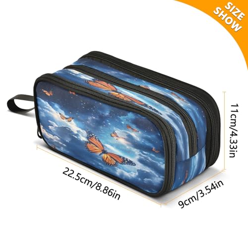 Image of Butterfly Sky Pencil Case 3 Compartment Pen Bag Pouch Holder Box School Portable Stationery Storage Bag for Girls Boys