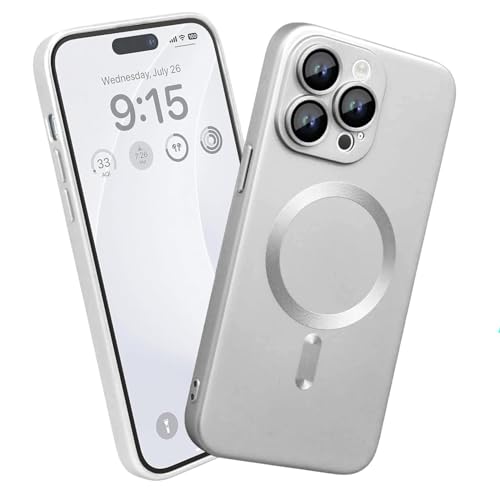 Image of DIZORO Magnetic Case for iPhone 16 Pro Max Case [Compatible with MagSafe][Built-in Camera Lens Protector] Slim Soft Silicone Bumper Shockproof Metallic Luster Back Cover Phone Case (Titanium White.)