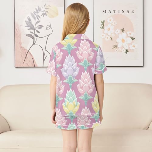 Satin Pajama Sets Short Sleeve Floral Pattern with Soft Artichoke Button Down Silky Nightwear 2 Piece PJS 5-14Y4