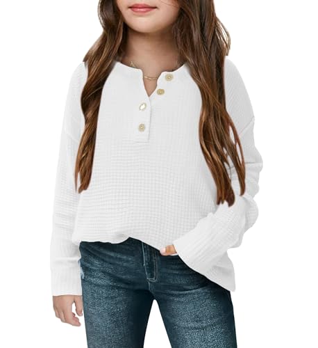 Image of rrhss Girls Waffle Knit Sweaters Trendy Henley Button V Neck Long Sleeve Pullover Jumper Tops