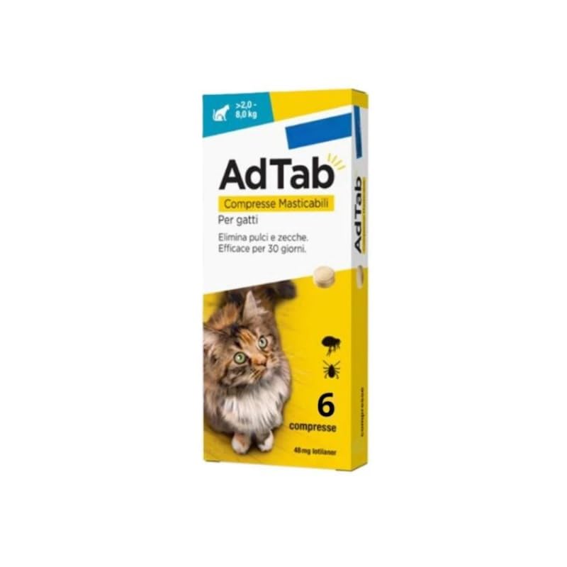 Ad Tab Antiparassitario per Gatti 2–8 kg – 6 Compresse Masticabili – Protezione da Pulci e Zecche – Facile Somministrazione