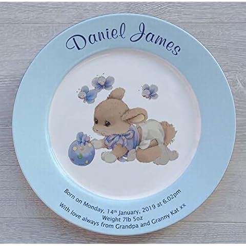Personalised Baby Birth Plate - Blue Sleepytime Design on a Plate with a Blue Rim Cover