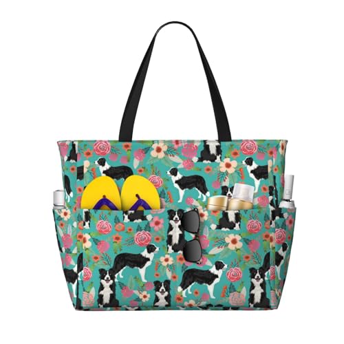Border Collie Florals Print Beach Tote Large Capacity Beach Travel Bag Waterproof Sandproof And Lightweight