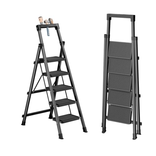 Image of 5 Step Ladder with Platform,Folding Step Stool Heavy Duty,Protable Step Ladders with Anti-Slip Widen Pedals,Handrail,Safe-Lock Design,Tall Kitchen /Closet Step Ladder for Adults