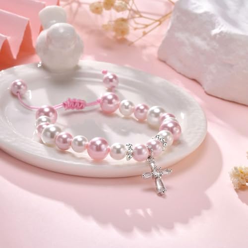 Image of MEALGUET Cross Bracelet Baptism for Girl : Pink White Bead Cubic Zirconia Rosary Christian Cross Charm Bracelet Religious Jewelry First Communion Confirmation for Teen Girls Daughter Niece Kids