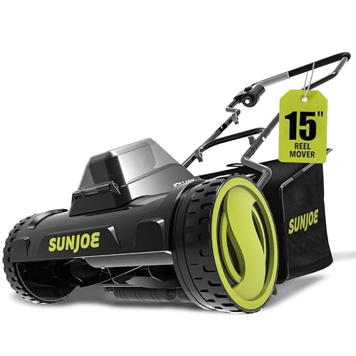 Sun Joe Cordless Electric Push Lawn Mower with 11.9-Gal Bag, 15-Inch Cutting Width, 360W Motor - Heavy-Duty Yard Trimmer for Gardening Care and Maintenance, IONMAX 24V-CRLM15
