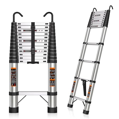 Telescoping Ladder 16.5 FT Telescope Ladder Stainless Steel Extension Collapsible Telescopic Ladders with 2 Hooks Folding Extendable Adjustable Portable Rv Ladders for Home Roof 330lbs Max Capacity