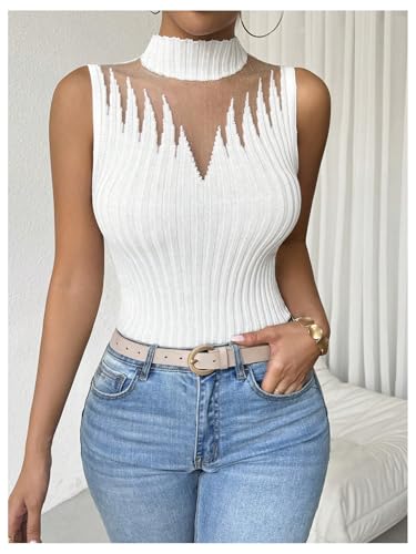 Image of Floerns Women's Mock Neck Sleeveless Sweater Vest Contrast Mesh Ribbed Knit Pullovers White Large