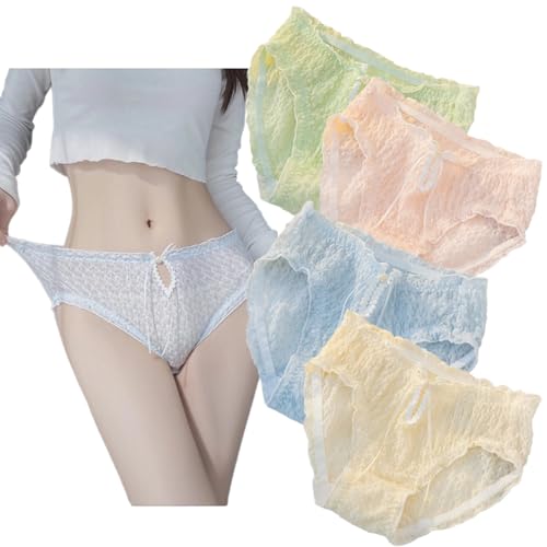 Cute Seersucker Ruffled Underwear Japanese Kawaii Mid Waist Frilly Panties Breathable Soft Briefs 4-Pack