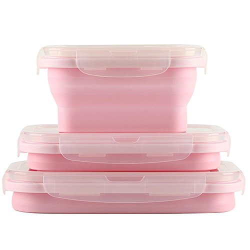 Lot de 3 boîtes de conservation alimentaires pliables en silicone pour conserver le déjeuner au micro-ondes Rose Cover
