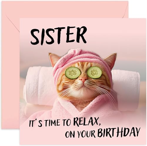 Funny Sister Birthday Card, Cat Spa, 'Relax On Your Birthday' Blank Inside with Envelope