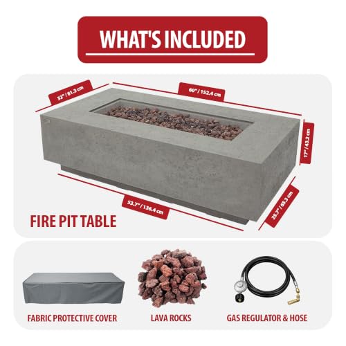 Image of AMS Creations | Madison 60 inch Rectangular Propane Gas Outdoor Fire Pit Table | Light Gray Concrete GFRC | Limestone Texture or Surface | Electronic Ignition | Outside Backyard Fireplace