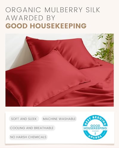 THXSILK 100% Pure Mulberry Silk Pillowcase for Hair and Skin - Upgraded Real Grade 6A+ Mulberry Silk - Durable, Soft & Anti-Aging Silk Pillow Case with Zipper(California King Size 20"x40", Red)