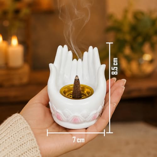 Image of Ekhasa White Lotus Buddha Hand Incense Stick Holder with Ash Catcher