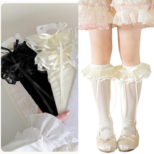 Girls Decorative Lace Knee Socks Breathable Fabric Elasticized Socks Stackable Design Sweet Fashion Seasonal Wear2